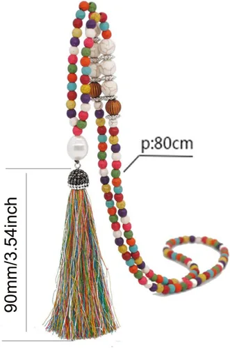 Vista 2 de Collar largo de borla hecho a mano con perlas de cristal turquesa, collar para mujer, joyería de moda, sin metal, Multicolor, 43531-80387