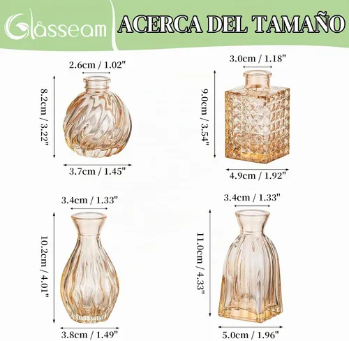 Vista 3 de Glasseam Jarrones de cristal para centros de mesa: pequeño jarrón de flores, juego de 4 mini jarrones vintage para flores, jarrón de centro de mesa