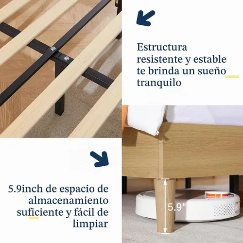 Vista 6 de VECELO Marco de cama tamaño individual tapizado, plataforma con cabecero de algodón y lino ajustable en altura, listones de madera de alta
