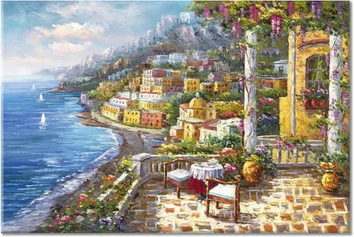 Vista 6 de Arte de pared en lienzo mediterráneo, arte de pared de Italia, arte de café italiano y de París, pinturas al óleo, imagen de paisaje marino