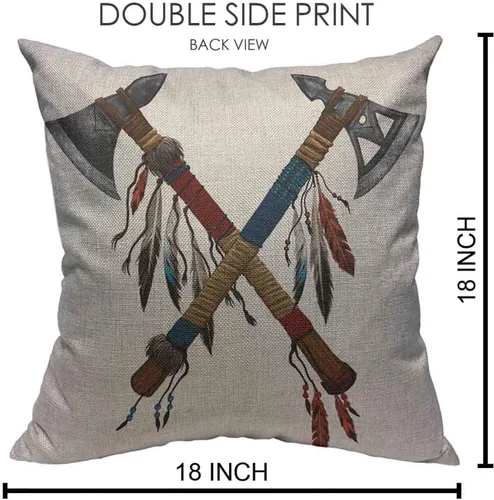 Vista 2 de Fundas de almohada con dos plumas cruzadas Tomahawks con cuentas de arma nacional india, hacha nativa americana, algodón y lino, fundas de almohada