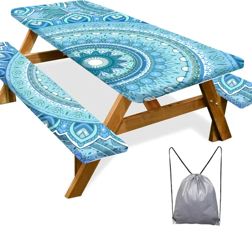 Vista 10 de Mantel de mesa de picnic con fundas de banco de 6 pies, 3 piezas, impermeable, resistente al viento, mantel de camping estético con bolsa