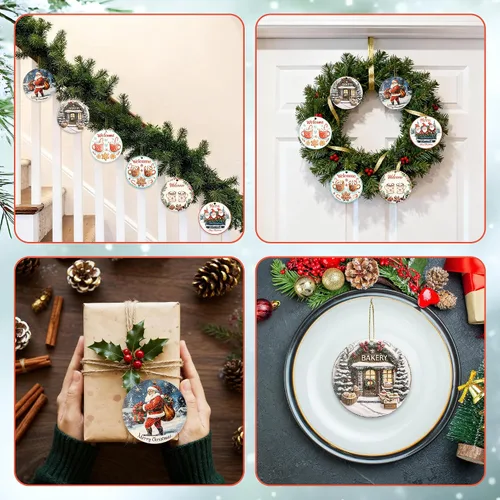 Vista 3 de Juego de 6 adornos colgantes de Navidad, adornos de Papá Noel de 3.4 pulgadas, adornos colgantes de cerámica para decoración del árbol de Navidad