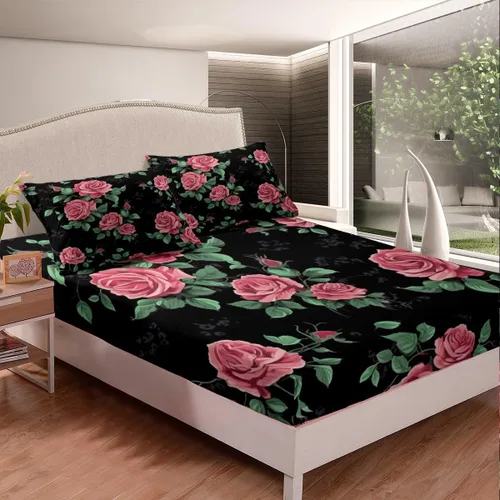 Vista 4 de Erosebridal Juego de sábanas de tamaño individual con diseño de rosas rojas, diseño floral rosa, ramas de hojas verdes, sábanas temáticas de plantas