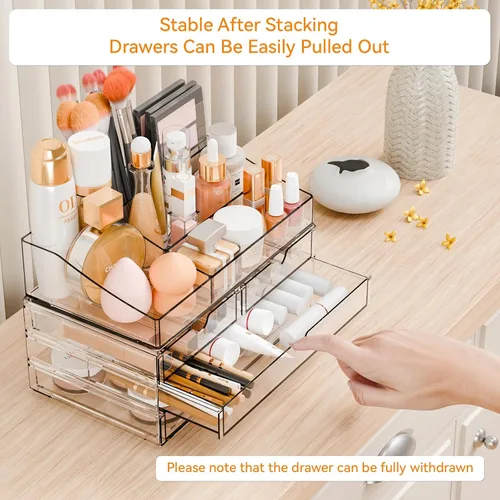 Vista 4 de Yieach Organizadores de maquillaje acrílico para mostrador, escritorio y tocador, paquete de 2 organizadores apilables para encimera de baño