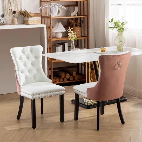 Vista 175 de SoarFlash Juego de 2 sillas de comedor de terciopelo, silla lateral de respaldo alto, silla lateral moderna tapizada de alta gama con botones Beige