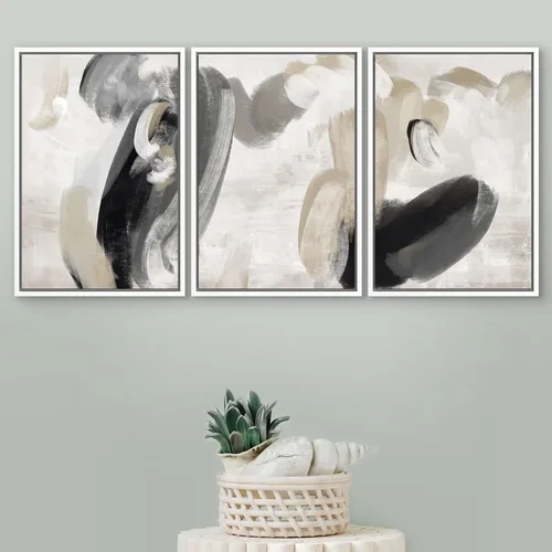 Vista 198 de SIGNFORD - Set de obras de arte en lienzo enmarcado para pared, ilustraciones abstractas de neblina del desierto en tonos neutros beige y marrón