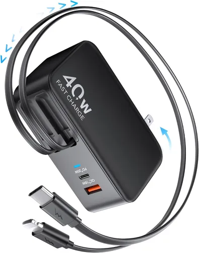 Vista 8 de Cargador de pared USB C retráctil con enchufe de pared, cables tipo C dobles de 35.5in/90cm, bloque plegable multi cargador de 40W de carga rápida
