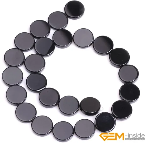 Vista 2 de GEM-Inside - Cuentas sueltas de ágata negra natural de 0.630 in, moneda de cristal de rayas energéticas para hacer joyas, 15 pulgadas