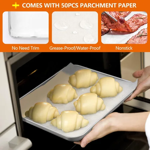 Vista 3 de E-far - Juego de 2 bandejas pequeñas para hornear, horno tostador de acero inoxidable de 9.4 x 7.3 pulgadas con 50 papeles pergaminos, mini bandeja