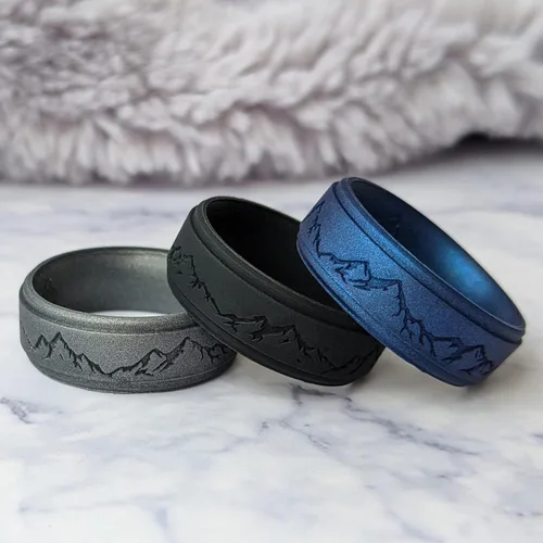 Vista 2 de Knot Theory Anillo de silicona para hombre, grabado de montaña, ondas, bosque, ancho de banda de 0.315 pulgadas, transpirable, ajuste cómodo