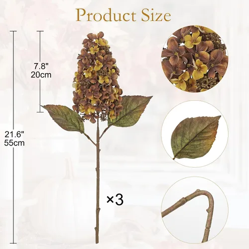 Vista 2 de Hollyone 3PCS Fall Brown Cone Hydrangeas Artificial Flowers Fake Fall Decor