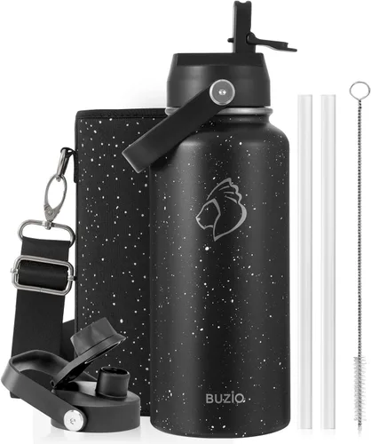 Vista 110 de BUZIO Botella de agua aislada de 24 oz, frasco de agua de boca ancha de acero inoxidable con tapa de pajita, frío durante 48 horas a prueba de Negro