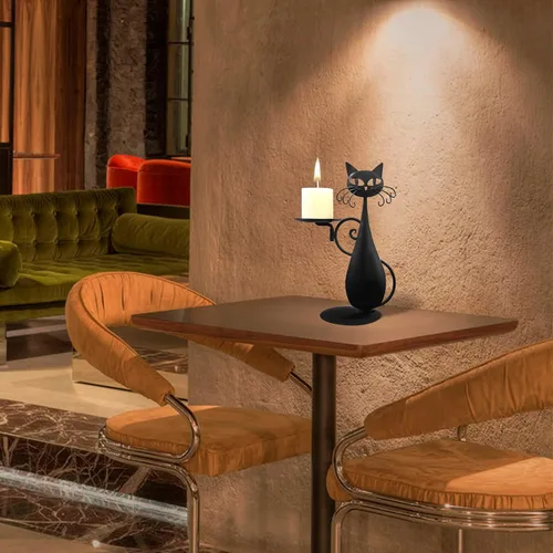 Vista 9 de Portavelas de gato negro para velas de pilar sin llama, velas LED retro rústicas estilo granja para el hogar, decoración de gato de metal