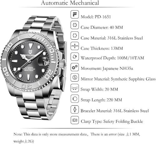 Vista 2 de Pagani Design 1651 - Reloj de pulsera para hombre, mecánico automático, movimiento NH35, 328.1 ft, resistente al agua, cristal de zafiro, bisel