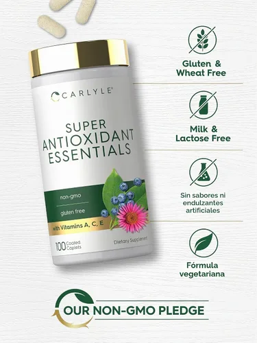 Vista 5 de Carlyle Suplemento Antioxidantes 100 Comprimidos Complejo Nutricional Vitamina A, C, E Fórmula sin OMG, sin gluten