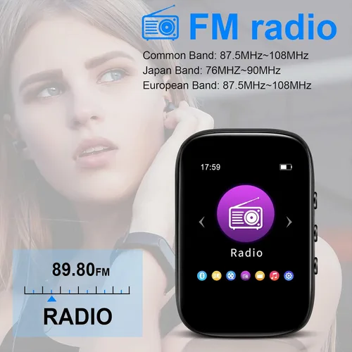 Vista 6 de Reproductor de MP3 de 32 GB con Bluetooth Deportes Clip-on Reproductor de música Soporte FM Radio Grabación de voz Libro electrónico Calendario
