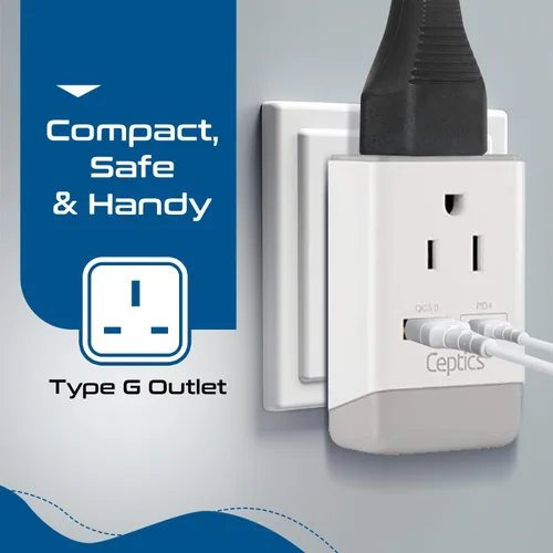 Vista 7 de Ceptics - Adaptador de enchufe para Reino Unido, Irlanda, Hong Kong, enchufe de corriente internacional con USB y USB-C - 2 tomas de EE. UU., QC 3.0