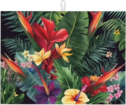 Vista 2 de Planta tropical, flores, impresión, estera de secado de platos de microfibra, almohadilla de secado absorbente para encimera de cocina, tapete