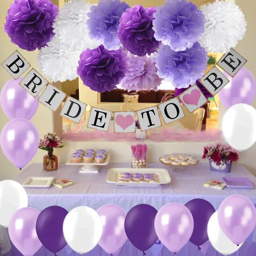 Vista 5 de Juego de decoración de despedida de soltera morada, pancarta de novia para ser blanco, lavanda, morado, papel de seda de gran tamaño, pompones