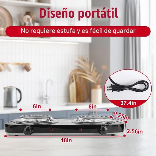 Vista 9 de Placa eléctrica de 2000 W, estufa eléctrica portátil para encimera, quemadores de bobina doble con control dual y control de temperatura de 5
