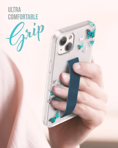 Vista 5 de ENCASED Funda para iPhone 14 diseñada para iPhone 14 con correa de mano, soporte para teléfono y protector de pantalla (mariposa azul)