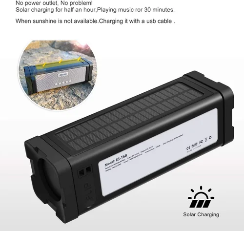 Vista 9 de Altavoz solar Bluetooth, IPX7, impermeable, portátil, de 20 W, con 27 luces LED, batería de 5000 mAh, micrófono, tarjeta TF, para ducha al aire