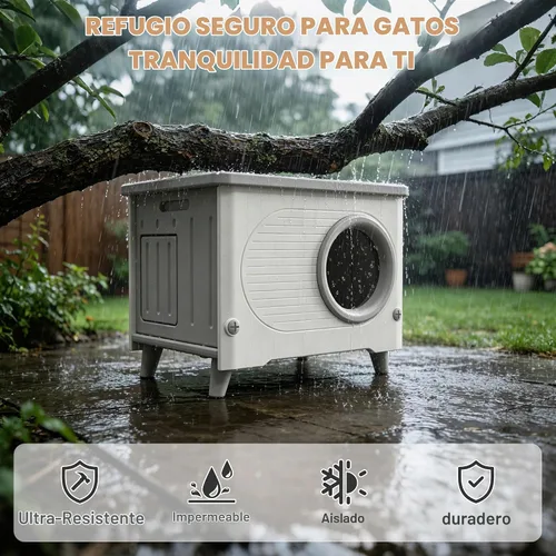Vista 2 de Casa para gatos al aire libre, resistente a la intemperie, refugio para gatos con puerta de escape y solapa de puerta de PET, apilable elevado