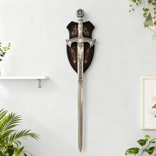 Vista 3 de Espada de caballero templario de 47 pulgadas con hoja de acero inoxidable, espada occidental de estilo medieval, para decoración de pared