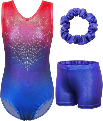 Vista 8 de BAOHULU Leotardos de gimnasia para niñas con purpurina y pantalones cortos a juego