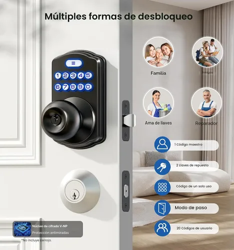 Vista 2 de Veise KS03 - Cerradura de perilla de puerta con teclado, cerradura digital de entrada sin llave con asa, perilla inteligente electrónica para puerta