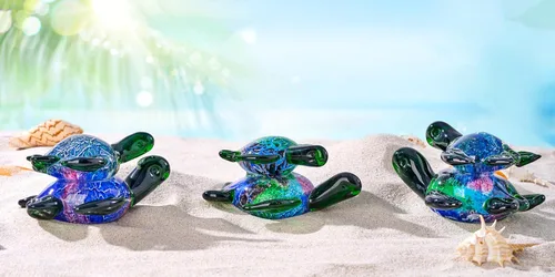 Vista 5 de EUSTUMA Figuras de tortuga marina de vidrio soplado a mano con bebés, adorno de animales marinos para decoración del hogar,Colección de animales