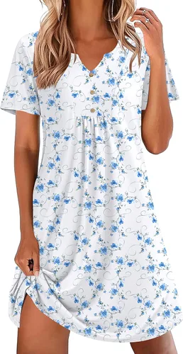 Vista 24 de Ekouaer Camisones para mujer de algodón Vestidos de noche Plisados Camisones Henley Cuello en V Camisas de dormir de manga corta Ropa de dormir