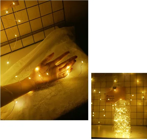 Vista 4 de Paquete de 15 luces de hadas que funcionan con pilas, 6.6 pies, 20 luces LED de tarro de masón, alambre plateado, impermeable, luciérnaga, mini