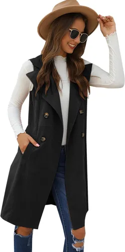 Vista 3 de GORGLITTER Chaleco largo sin mangas con cuello abierto para mujer, chaqueta larga con bolsillo