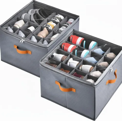 Vista 7 de Caja organizadora de zapatos plegable para armario y debajo de la cama, divisores ajustables, capacidad para hasta 16 pares, apilable, gris