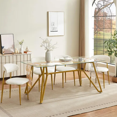 Vista 34 de Mesa de comedor redonda de 35.4 pulgadas para 4, moderna mesa de cocina de vidrio transparente para 4 personas con patas de metal dorado, mesas