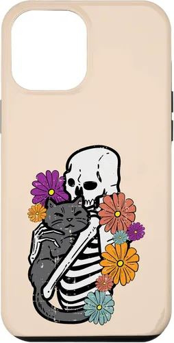 Vista 6 de iPhone 15 esqueleto abrazando flores de gato negro Halloween mujeres niñas caso