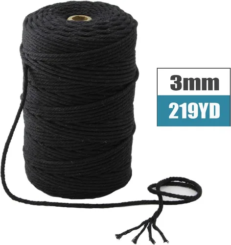 Vista 6 de Cuerda de macramé de 0.118 in x 219 yardas (aproximadamente 656.2 ft, 656 pies), cuerda de algodón de color negro, 4 hebras, cuerda de algodón suave