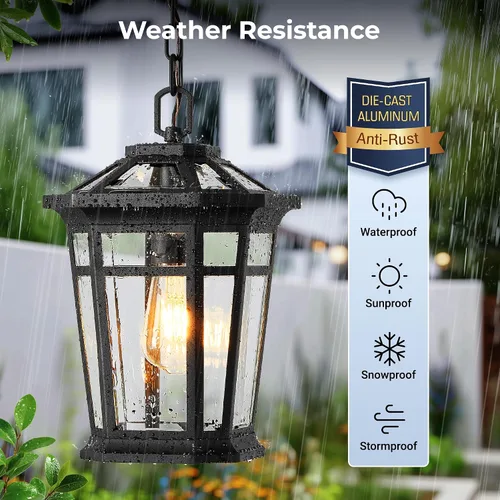 Vista 3 de VIANIS Lámparas colgantes grandes para exteriores para porche, lámpara colgante negra, iluminación de techo 100% de aluminio impermeable