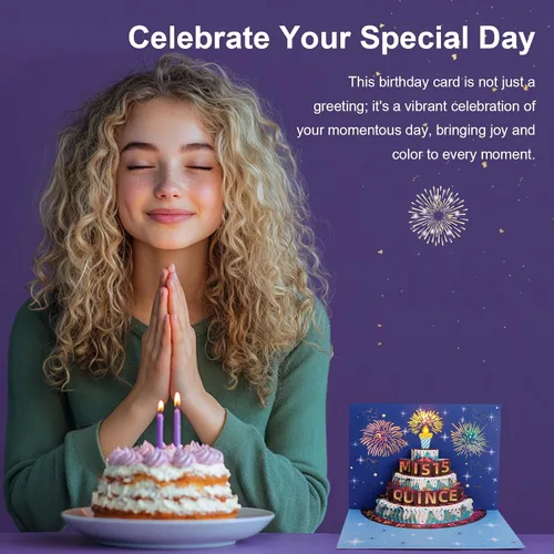 Vista 5 de Rotel Tarjeta de quinceañera, luz de pastel emergente y música, tarjeta de feliz cumpleaños 15 para regalos de quinceañera, tarjetas