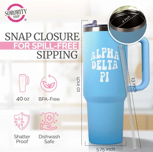 Vista 4 de Sorority Shop Alpha Phi - Vaso de 40 onzas con asa, para mujer, bonito vaso con grabado de hermandad de mujeres, vasos aislados para mantener tus