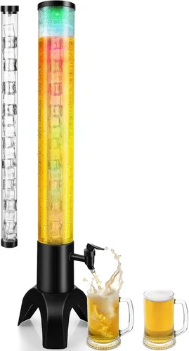 Vista 2 de Torre de bebidas, dispensador de torre de bebidas de 3 litros con tubo de hielo y luz LED, dispensador de cerveza de mesa de 3.17 cuartos de galón