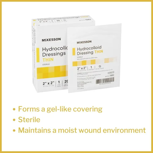 Vista 2 de McKesson Aderezo hidrocoloide, estéril, delgado, 2 in x 2 in, 20 unidades, 1 paquete Parche impermeable para úlceras de cama, quemaduras leves