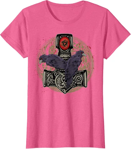 Vista 49 de Thors Hammer Mjolnir Huginn and Muninn Odin Raven - Camiseta, Negro, S