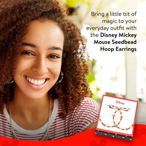 Vista 2 de Disney Mickey Mouse Beaded Hoop Earrings, One Pair for Women, Girls in Authentic Jewelry Gift Box, Gold Tone, Open Loop Design, Post Closure