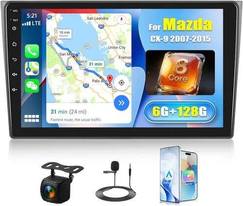 Vista 9 de [2+64G] Android 15 Estéreo de coche para Mazda CX-9 2007-2015 con CarPlay inalámbrico y Android Auto, pantalla táctil IPS de 10.1 pulgadas