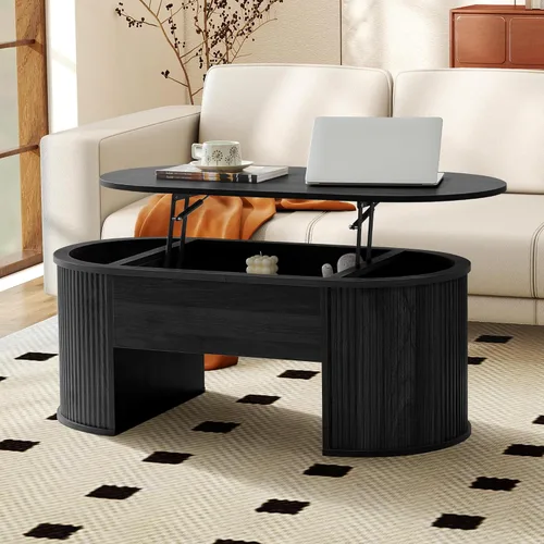 Vista 4 de ORRD Mesa de centro elevable, mesa de centro acanalada con parte superior elevable, mesa de comedor de madera con compartimento oculto, mesa central