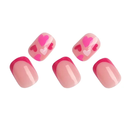 Vista 2 de Uñas postizas a presión para el día de San Valentín, uñas postizas cortas cuadradas con corazón de amor, uñas acrílicas con corazones rojos 01.