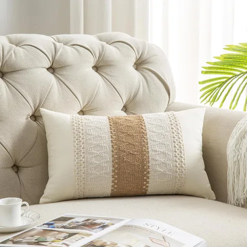 Vista 15 de 1 funda de almohada para sala de estar, algodón y arpillera, estilo bohemio decorativo para el hogar (beige y azul, 16 x 16 pulgadas)